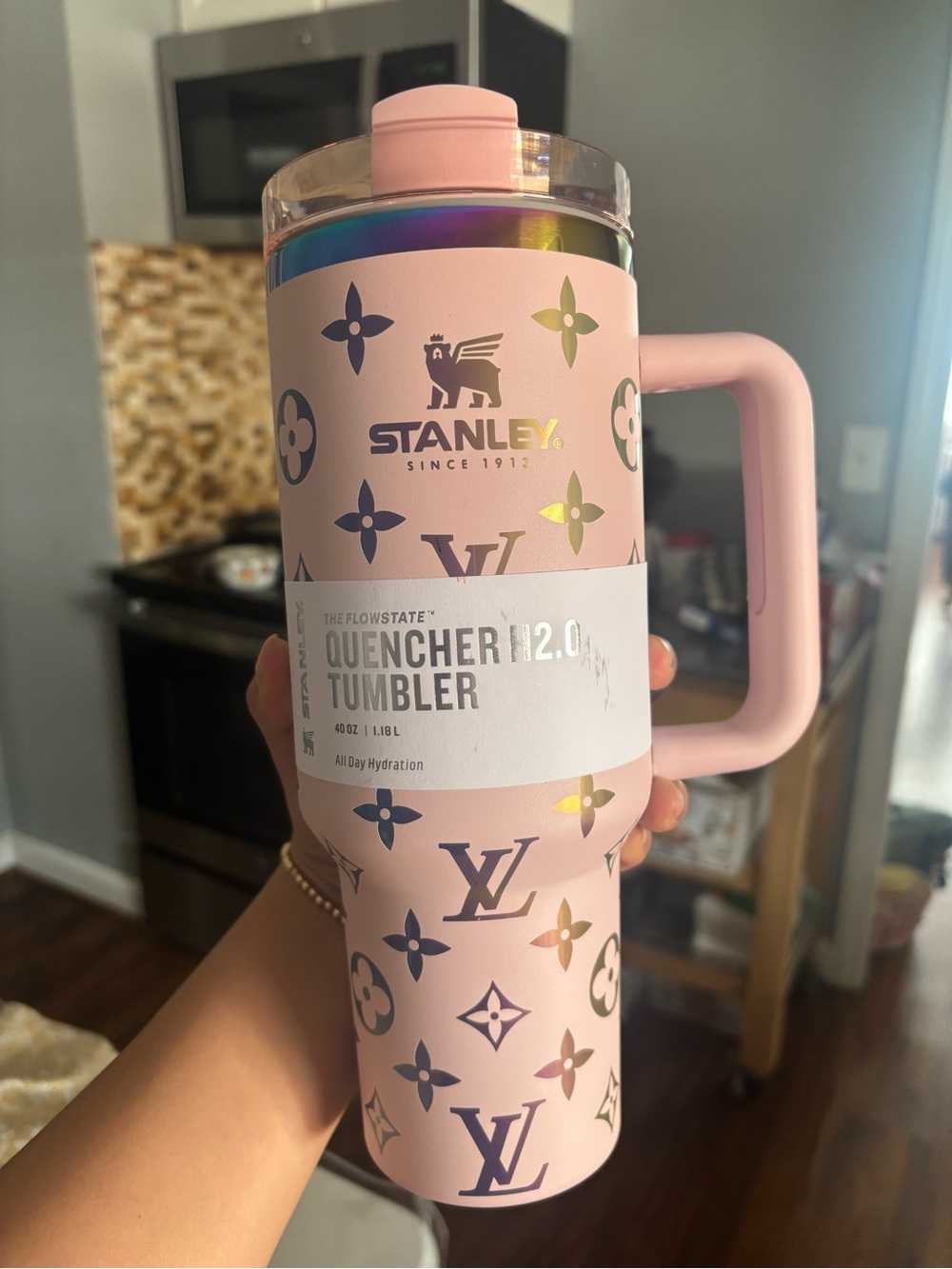 Stanley Light Pink Quencher H2.0 Tumbler with LV Iridescent Accents